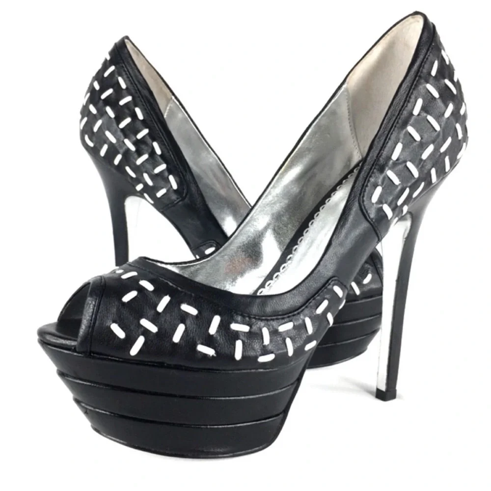Y2K Bebe Platform Womens 8 Leather Black Stiletto Platform Leather Black Heels
